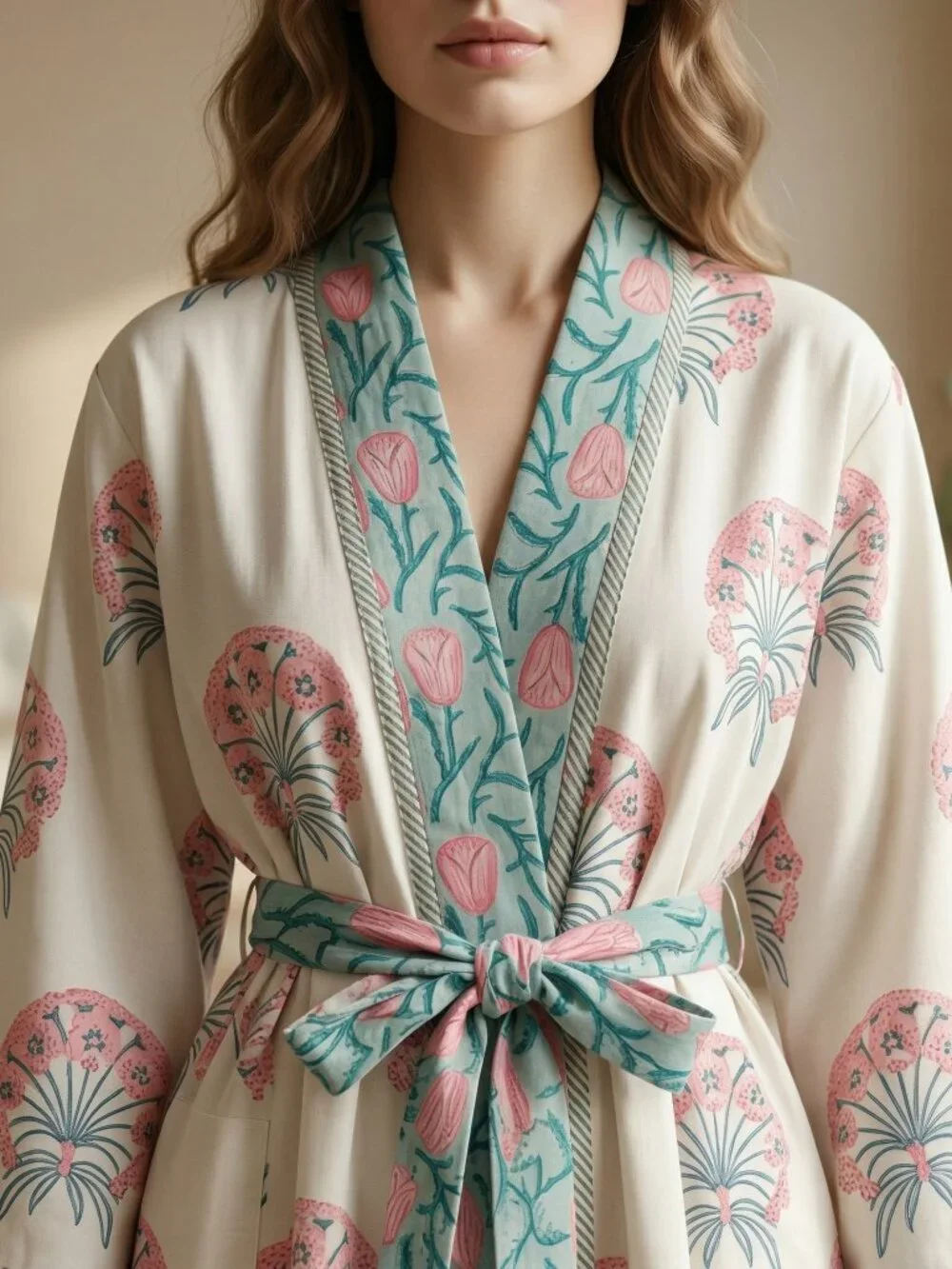 Reversible Cotton Kimono Robe, Hand Block Print Bathrobe, Floral Quilted for Her